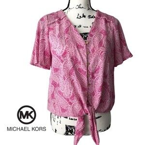 Michael Kors Pink Lilac Paisley (Small) V-Neck Front Tie Blouse NWT